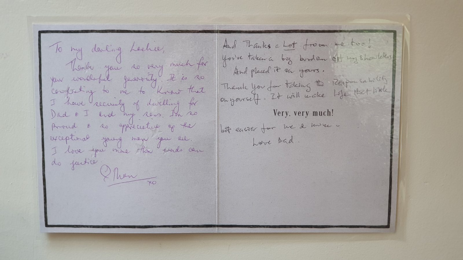 The thank-you card Lachie's mum wrote him